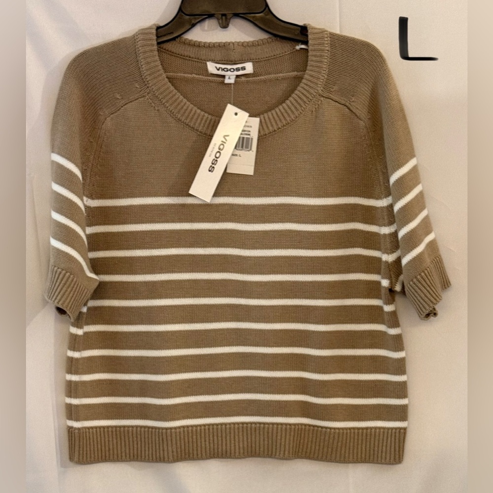 Vigoss Women's Tan and White Striped Crew Neck Sweater